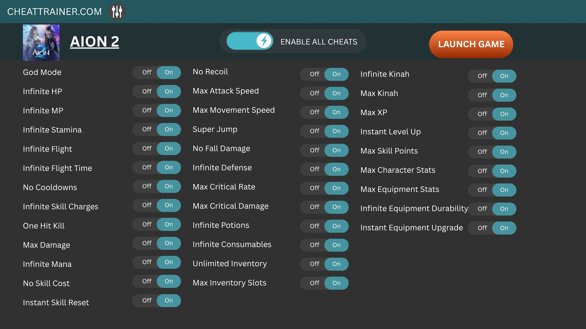 AION 2 trainer menu on CheatTrainer.com showing 34 cheat toggles including God Mode, Infinite HP, One Hit Kill and Max Kinah